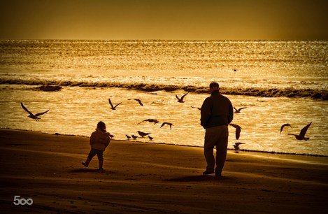 Grandfather & Granddaughter Walking on Beach silouetted by the e